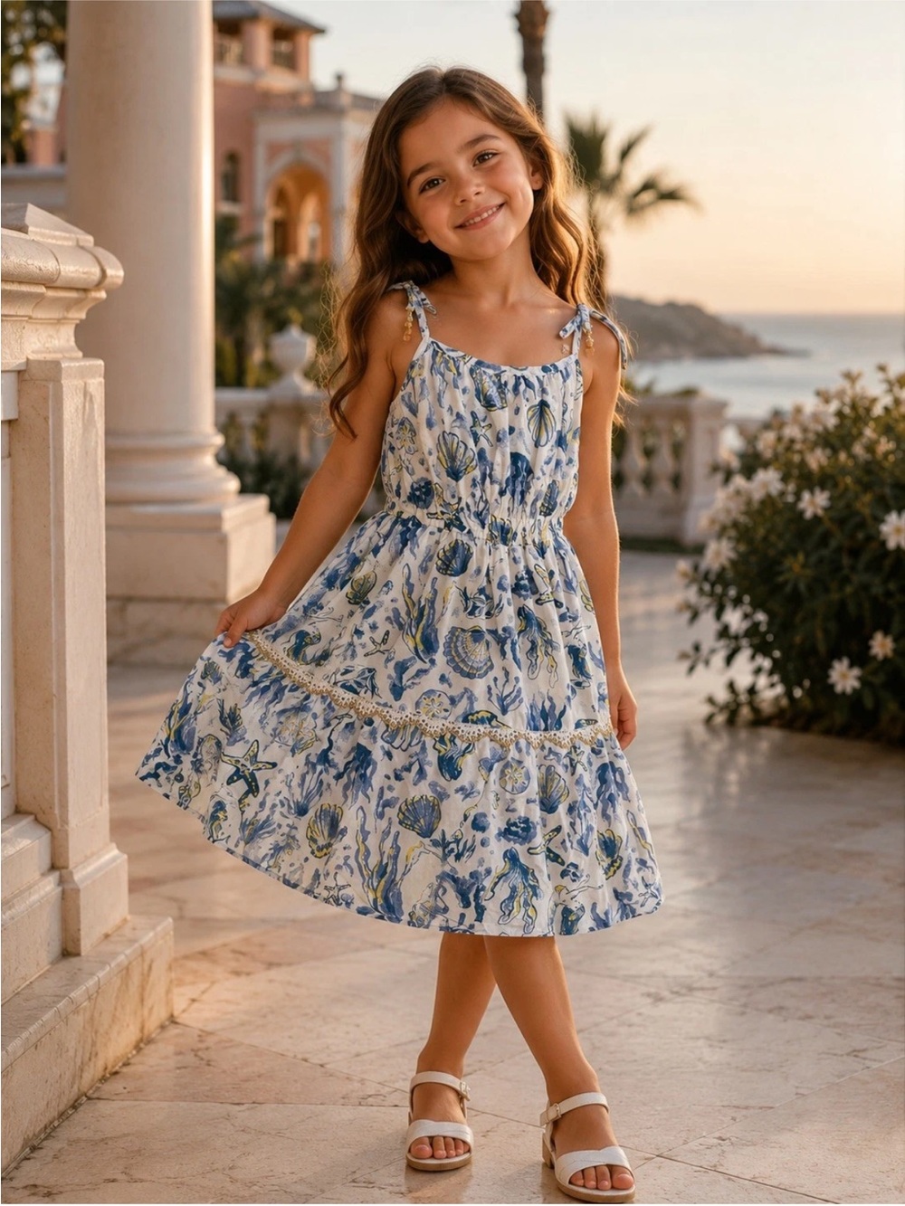 Girls Blue & White Sea Print Sundress resort style size 4